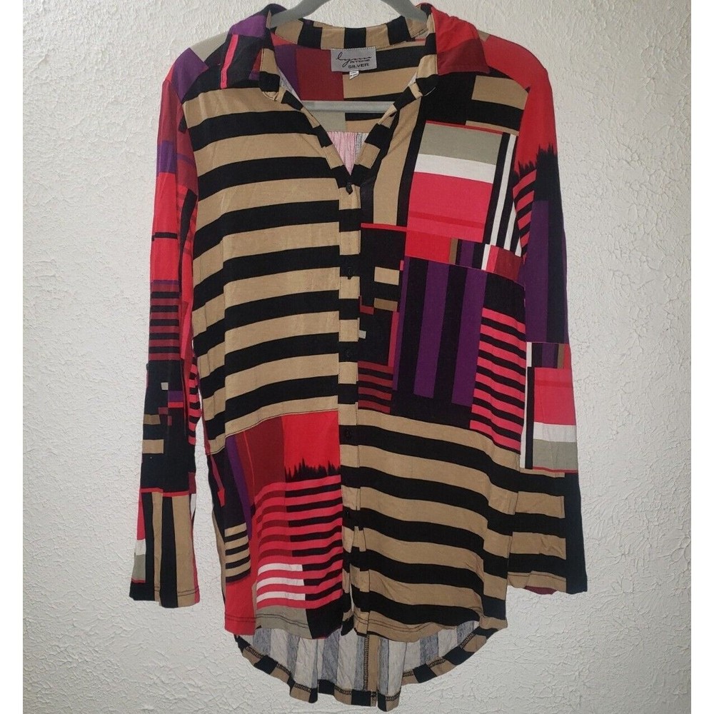 Vtg Lynn Ritchie Silver Sz S Retro Striped Blouse Top Button Shirt Long Sleeved